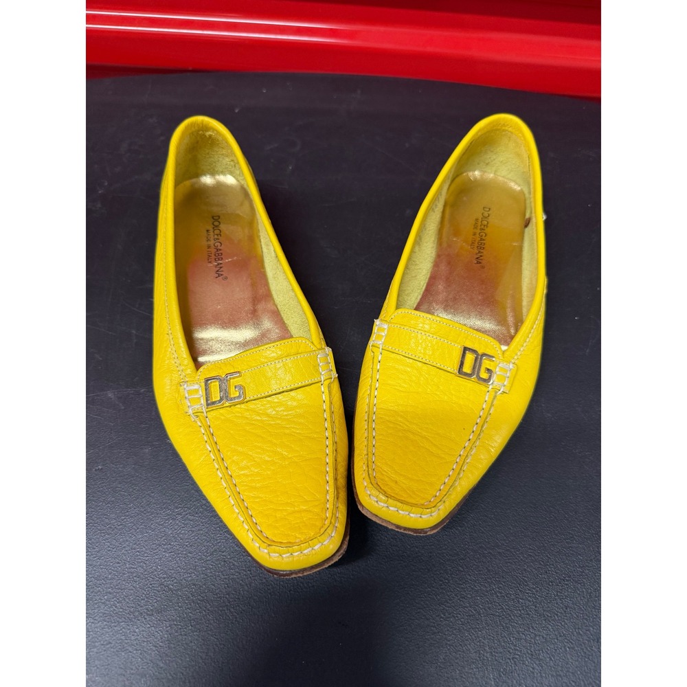 Dolce & Gabbana Womens Yellow Leather DG Logo Square Toe Loafers Flats Size 37 - Picture 3 of 14